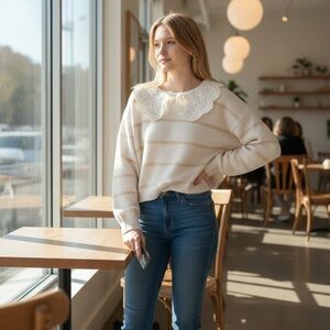 Dreamers Cream Striped Sweater with Lace Collar - Women